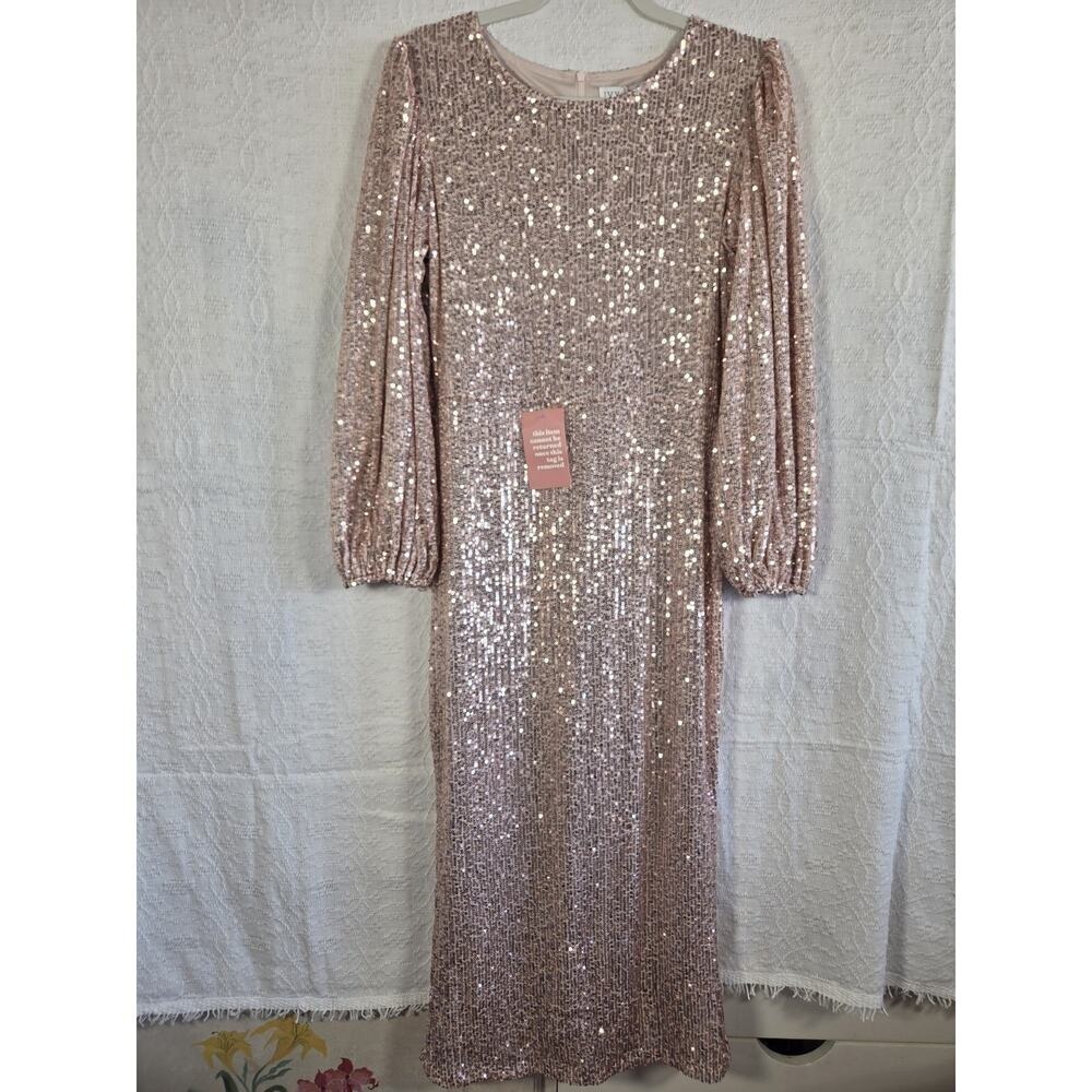 NWT Ivy City Lady Dress In Rose Gold Sequined Wedding Guest Dress Size S